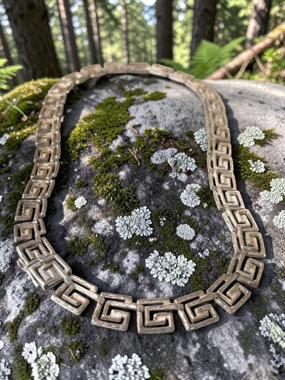 Vintage Greek Key Design Sterling Silver  Necklace Unique Geometric Style Statem